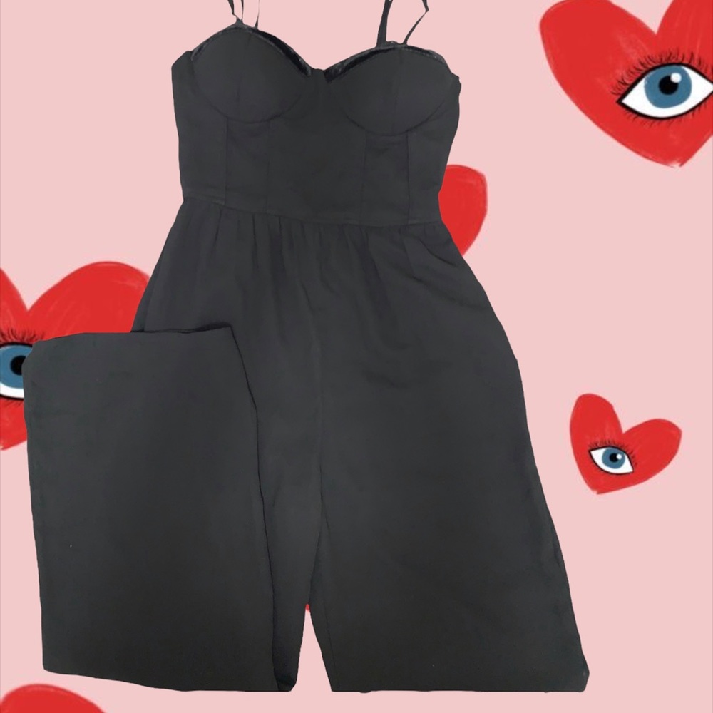 Suede Lined Black Bustier Jumpsuit Wide Leg